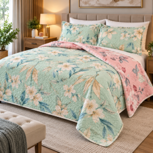 Colcha King Doble Vista — Verde con Flores Amarillas