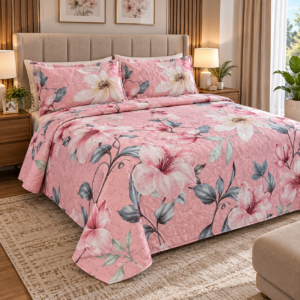 Colcha King Doble Vista — Rosa con Flores Amarillas