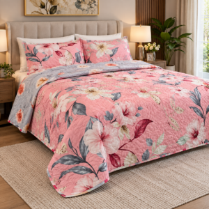 Colcha King Doble Vista — Rosa con Flores Grises