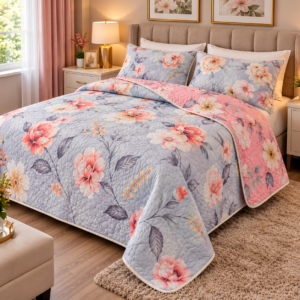 Colcha Queen Doble Vista — Lila con Flores