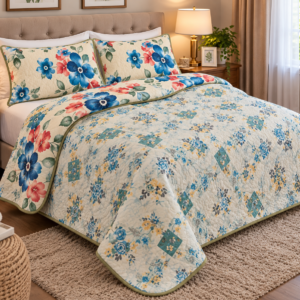 Colcha Queen Doble Vista — Azul Turques con Flores y cuadros