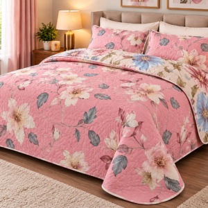 Colcha King Doble Vista — Rosa con Flores Azules