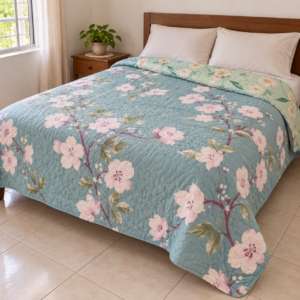 Colcha Queen Doble Vista — Azul con Flores