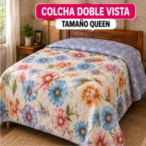 Colcha Queen Doble Vista — Rosa Claro con Flores Azules