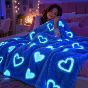 Frazada Luminosa Matrimonial — Azul con Corazones