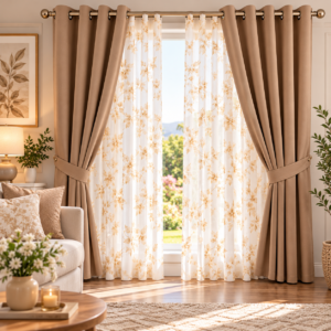Cortina Blackout Ana 164 x 256 4pzs — BEIGE CON VISILLOS FLORALES