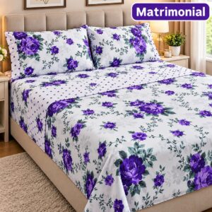 Juego de Sábanas Matrimoniales — Blanca con Flores Moradas