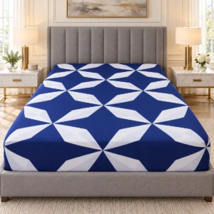 Sábana Cajonera Matrimonial — AZUL CON FIGURAS GEOMÉTRICAS BLANCAS