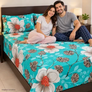 Juego de Sábanas Matrimoniales — Azul Turquesa con Flores