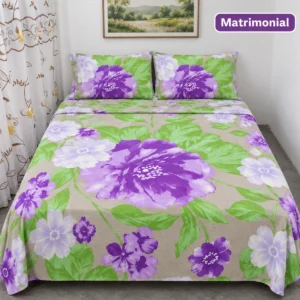 Juego de Sábanas Matrimoniales — Hojas verdes con flores moradas